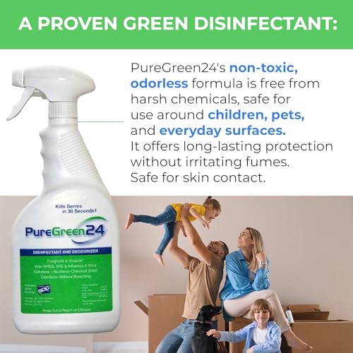 PureGreen24 Safe & Effective Disinfectant. Kills Deadly Germs including RSV Norovirus MRSA Staph 2026 flu Bird flu Contains No Toxic Chemicals Odorless Child & Pet Safe (2) 4oz Spray Bottle