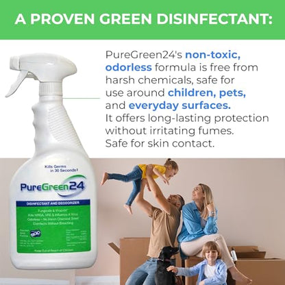 PureGreen24 Safe & Effective Disinfectant. Kills Deadly Germs including RSV Norovirus MRSA Staph 2026 flu Bird flu Contains No Toxic Chemicals Odorless Child & Pet Safe (2) 4oz Spray Bottle