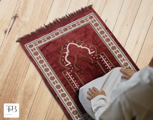 TB Islamic Prayer Rug Plush Soft Velvet Muslim Mat Unique Arabic Turkish African Embroidered Design Prayer Bead Daily Salah Prayer Meditation Ramadan Eid Gift for Women Men Kids (Red) - color: Red