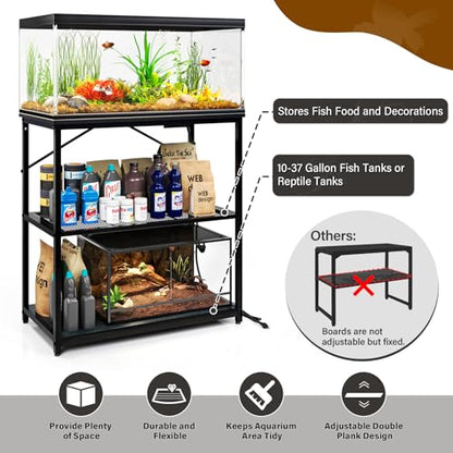 TC-HOMENY Fish Tank Stand 10,20,29,37 Gallon, 1000LB Capacity Aquarium Stand with Built-in Outlet, 31"L x 16"W Metal Reptile Tank Stand, Double Storage Design Adjustable Shelves, Black (Tank not Included)