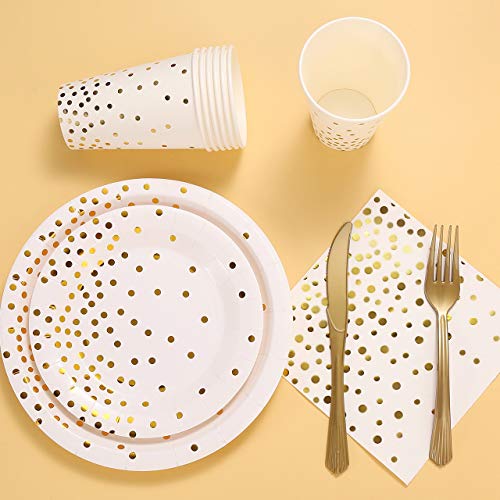 White and Gold Party Supplies 145PCS Disposable Party Dinnerware Paper Plates, Napkins, Knives, Forks, Cups, Banner, for New Year Eve 2026, Bridal Shower, Wedding, Birthday, Serves 24 - color: White Gold (Serves 24)