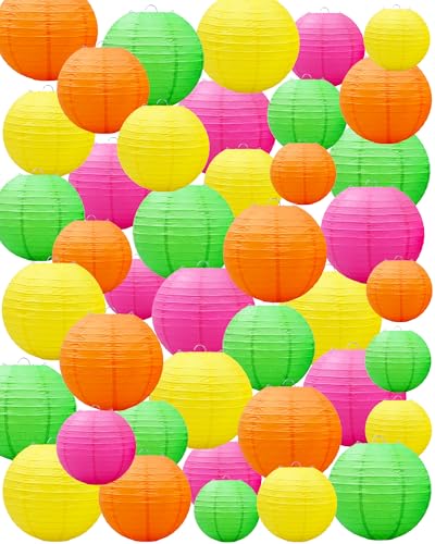 Treela 48 Pcs Paper Lanterns Party Decorations Chinese Lanterns Round Paper Decor 4/6/8/10 Inch Asian Hanging Lamps Decorative for Graduate Wedding Birthday Bridal Party Supplies(Neon) - color: Neon