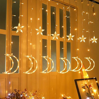 LED Moon Star Curtain String Lights, 138 LED USB Powered Fairy Hanging Lights with 8 Lighting Modes 6-Hour Timer Waterproof for Bedroom Wall Window Christmas Decoration (Moon) - style: Moon