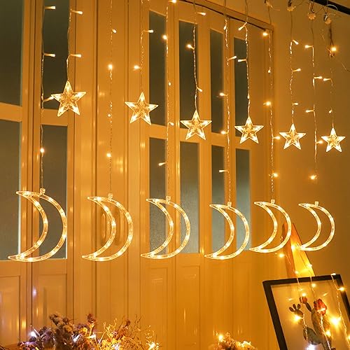 LED Moon Star Curtain String Lights, 138 LED USB Powered Fairy Hanging Lights with 8 Lighting Modes 6-Hour Timer Waterproof for Bedroom Wall Window Christmas Decoration (Moon) - style: Moon