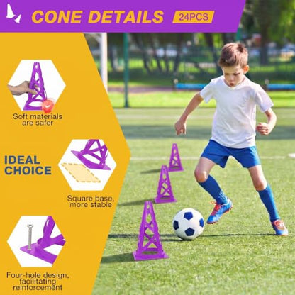 24 Pack Soccer Cones, 9 Inch Agility Cones for Soccer, Football, Basketball, Cones for Sports Training, Speed & Agility Drills, Field Marking Equipment - color: purple