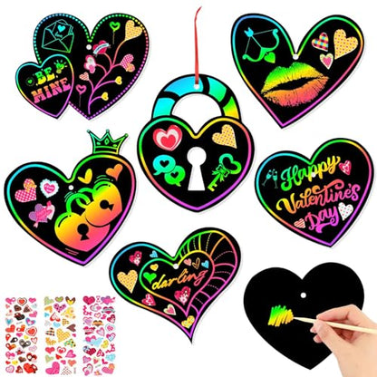 FEBSNOW 48Pcs Valentines Crafts for Kid Heart Rainbow Scratch Paper Art Set | School Classroom Valentines Day Activities, Kids DIY Craft Projects, Magic Hanging Scratch Ornaments, Holiday Party Favors - style: Valentines