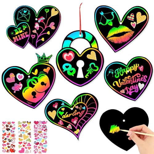 FEBSNOW 48Pcs Valentines Crafts for Kid Heart Rainbow Scratch Paper Art Set | School Classroom Valentines Day Activities, Kids DIY Craft Projects, Magic Hanging Scratch Ornaments, Holiday Party Favors - style: Valentines