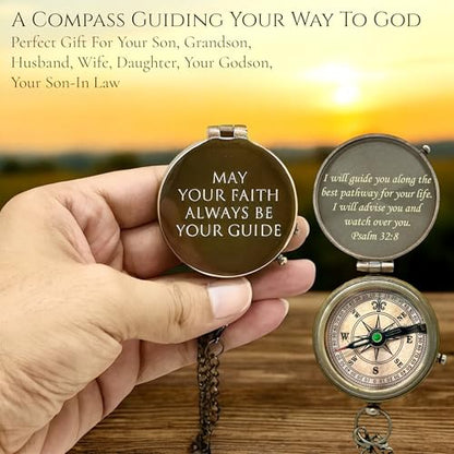 Engraved Brass Compass with Sundial Clock May Your Faith Always Be Your Guide Psalm 32:8 Christian Keepsake Gift Direction Guide Compass with Carry Case for Special Religious Occasions