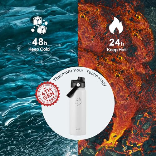 BUZIO 24 oz Water Bottle Insulated, Leakproof Stainless Steel Flask (Cold for 48 Hrs), Wide Mouth BPA-Free Metal Thermo Hydro Canteen with 2 Lids, White - color: White, size: 24 Ounces