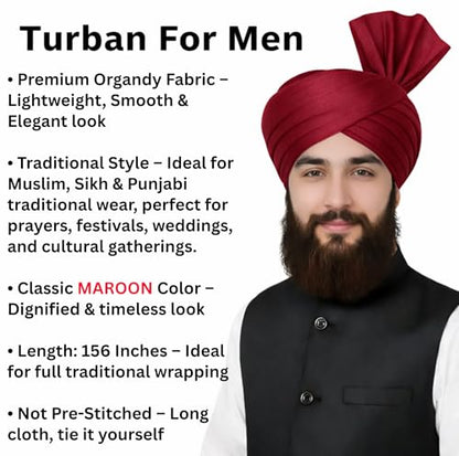 Turban For Men (156 Inches) Long Cloth – Muslim, Sikh, Punjabi Headwrap | For Prayer, Festivals & Special Occasions - color: Maroon