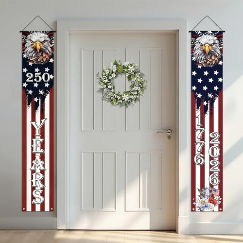 WANDIC 2Pcs 250th USA Anniversary Banners Door Sign, 1776-2026 America Patriotic Hanging Banner Eagle Red White Blue Stars Stripes Front Door Decor - color: 250th Anniversary of American Independence