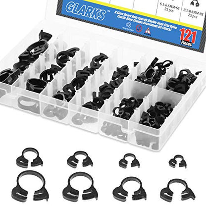 Glarks 121Pcs 8 Size Heavy Duty Black Double Gripping Nylon Hose Clamps Set, 6.1-26.1mm Plastic Snap Ratcheting Clamps Assortment Kit (Black 121Pcs)