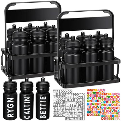 Suclain Water Bottle Carrier with 20 Oz Bottles and Stickers Plastic Wide Mouth Sports Water Bottle Squeeze Team Bottles with Black Lid for Fitness Bike Gym(14 Pcs,Black) - color: Black