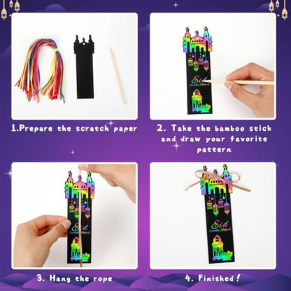 JUNEBRUSHS 30Pcs Ramadan Crafts, Rainbow Magic Ramadan Scratch Bookmarks for amadan Gifts Eid School Classroom Activities Ramadan Arts and Crafts Eid Party Favors - style: Ramadan Style
