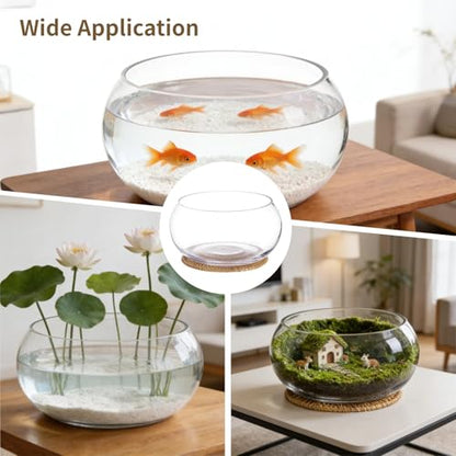 Lotus Bowl Planter with Rattan Mat, 10 in Round Glass Vase Bowl | Clear Glass , Open-Top Hydroponic Design, Handwoven Rattan Mat, For Lotus, Water Greens, Fish Bowl And Table Decor
