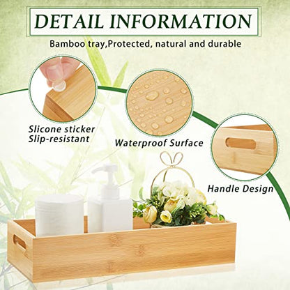 2 Pcs Bamboo Toilet Tank Tray Bathroom Trays with Handles - Wood Toilet Paper Basket and Organizer with 10 Pcs Non Slip Silicone Pads