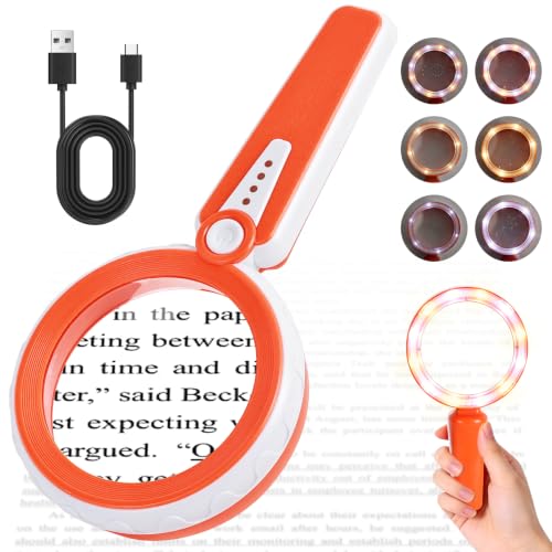 Magnifier with Light, 4.6-Inch 1200mAh USB Rechargeable, 6 Color Modes for Low Vision Seniors, Reading, Jewelry & Coin Appraisal - Orange - color: Orange