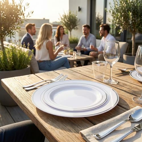 Supernal 400pcs Silver Plastic Dinnerware Set Heavy Duty Disposable Plates Include Silver Plastic Dessert Plates,50 Spoons & Knives & Cups & Napkins & 100 Forks,Prfect For Party and Wedding - color: 400pcs White and Silver Plastic Dinnerware