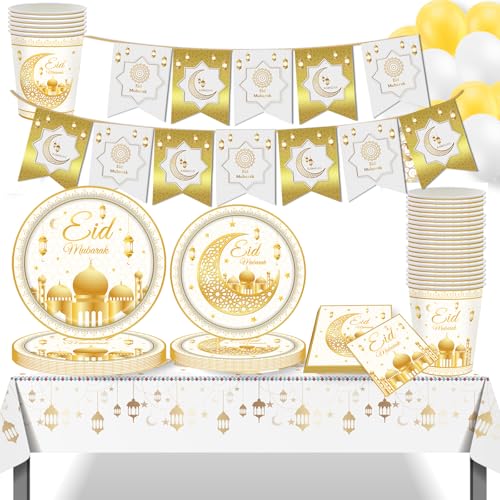98PCS Ramadan Mubarak Tableware Set,Eid Mubarak Plates Cups Napkins Tablecloth Banner for Ramadan Eid Mubarak Party Decorations Serves 24 Guests (WHITE) - color: White