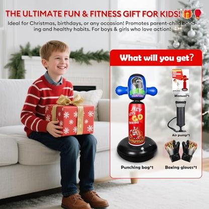 Punching Bag for Kids with 360° Rotating Head, Hyperzoo 63" Heavy-Duty Inflatable Boxing Bag with Glove, Freestanding Punching Bag Toy for Boys & Girls Ages 5–12 – Great