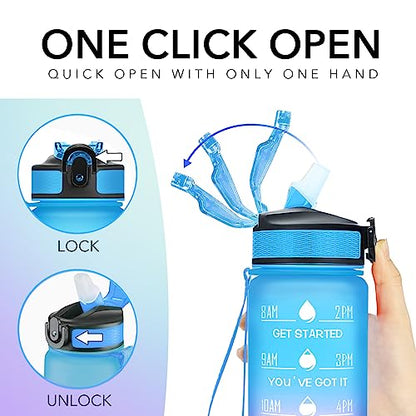 Hyeta Water Bottle with Straw & Time Marker, Plastic 32oz Leakproof | Motivational Tritan BPA Free Gym Office Outdoor Intake Tracker Hourly Reminder Straw Lid Carry Strap - color: Starsky