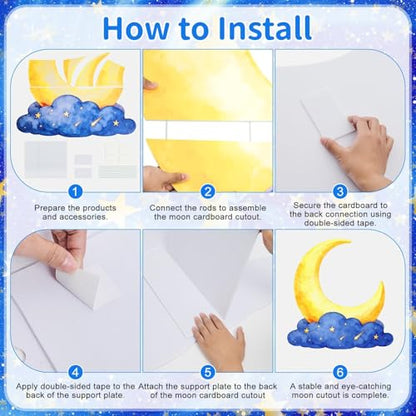 Large Crescent Moon Cardboard Cutout Decorations 3.3 Ft Moon Stand Up Backdrop Blue Gold Starry Night Party Photo Props for Birthday Wedding Eid Mubarak Homecoming Movie Night Baby Shower