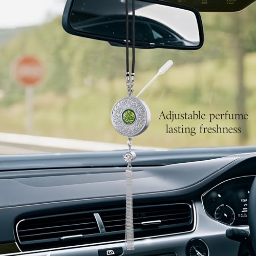 Islamic Car Hanging Ornament with Quran Surah Al-Qalam Verses, Adjustable Perfume Diffuser, Arabic Salaam & Barakah, Muslim Gift for Ramadan, Eid, Zinc Alloy Round Design