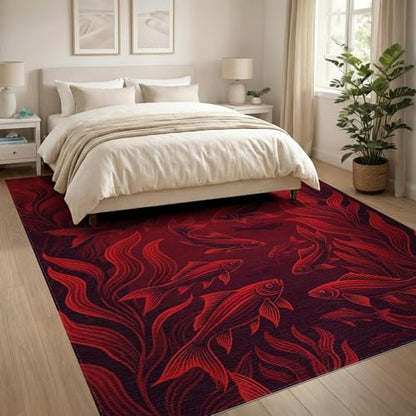 8'x10' Washable Graphic Fish Large Rug, Dark Red Non-Shedding Pet Friendly Carpet Foldable Easy Care Mat for King Size Bedroom, Master Suite, Under Bed | Ref:1908905 - color: Red/Pattern 25, size: 8' x 10' (Rectangular)