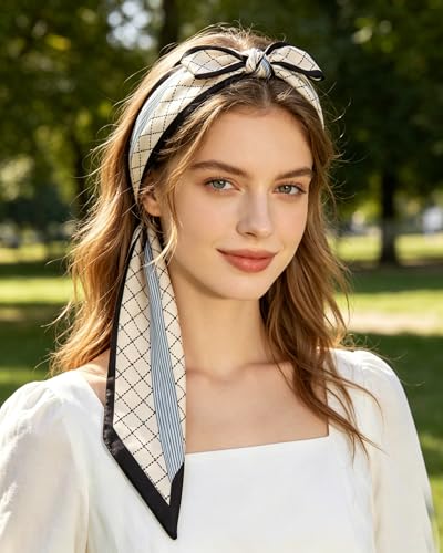 Silky Satin Long Skinny Head Scarf for Women - Neck Hair Scarf, Purse Bag Belt Accessory, Silk Feeling, 57"x5" - color: White Stripes07