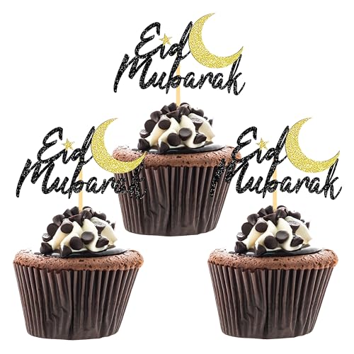 24 Pcs Eid Mubarak Cupcake Toppers for Eid Islamic Muslim Party Cake Decorations (Black) - color: Black