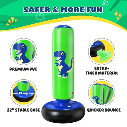 QPAU Inflatable Punching Bag, 48 Inch Stable Inflatable Boxing Bag for 3-6 Kids,Dinosaur Toy & Gifts for Boys and Girls, Kids Boxing Set for Practicing Karate, Taekwondo - color: Dinosaur Blue