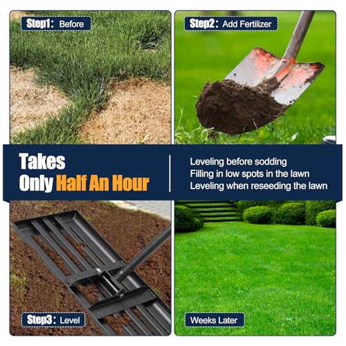 Lawn Leveling Rake 30"x10" for Lawn Care - 72" Extendable Stainless Steel Handle with Ergonomic Grip | Professional Grass Leveling Tool for Golf Courses, Soccer Fields, Backyard Turf Maintenance - size: 30x10", 72"
