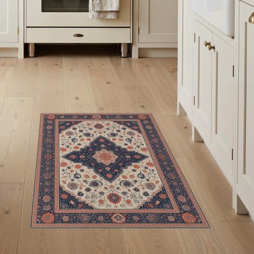 3'x5' Beige Navy Blue Warm Boho Medallion Washable Accent Rug - color: Beige/Pattern 7, size: 3' x 5' (Rectangular)