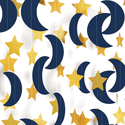 Navy-Blue Gold Moon-Star Party-Decorations Garland - 52Ft Twinkle Little Star Hanging Decoration Streamers Banner, Eid Ramadan Mubarak Decoration Birthday Wedding Baby Shower Party Decor Panduola - color: Navy Blue Gold Moon Star