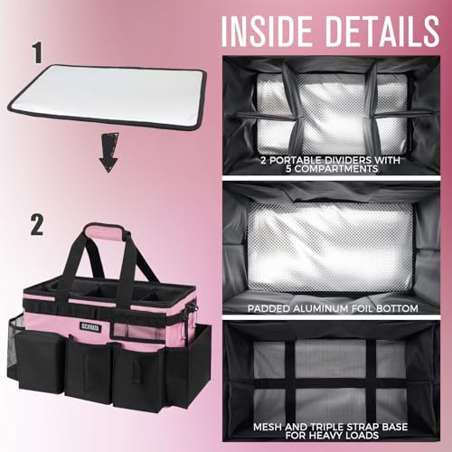 SCAVATA Wearable Cleaning Caddy Bag, Cleaning Caddy Supplies Organizer with Handle & Shoulder Straps for Housekeepers, Under Sink & Car Cleaning Tool Organizers with 4 Foldable Divider (SweetPink) - color: SweetPink