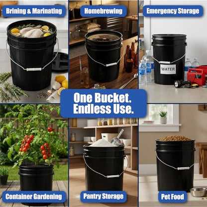 5 Gallon Bucket - Food Grade w/Lid BPA-Free, Black/Black, 1 | Airtight Gamma Seal Screw-On Lid, Heavy-Duty 90 Mil HDPE Plastic, Food Safe and Durable Container, Bulk Storage, Made in USA - color: Black/Black, size: 1 Pack