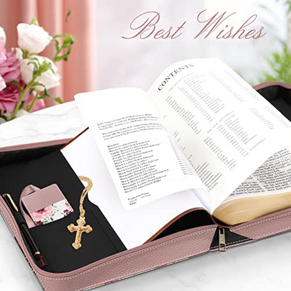 FINPAC Large Classic Bible Cover Vegan Leather Carrying Book Case Church Bag Bible Protective with Handle, Gift for Women, Mother, Friends, Rose Garden - color: Pinkish Purple Rose