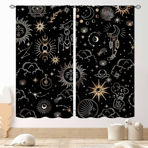 Gothic Sun Moon Curtains, Black Gold Witchy Moon Phase Celestial Tarot Constellation Mystical Star Boho Blackout Window Drapery for Living Room Bedroom Bathroom Kitchen 2 Panels, 42"x54" Inch - color: Celestial-03, size: 21"W x 54"L (Pack of 2)