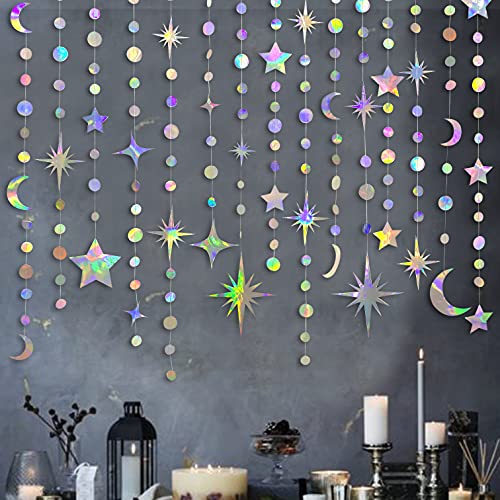 Iridescent Party Decorations Holographic Star Moon Circle Dot Garland Hanging Crescent and Twinkle Little Star Streamer Bunting Banner for Birthday Ramadan EID Mubarak Euphoria Karaoke Music Decor