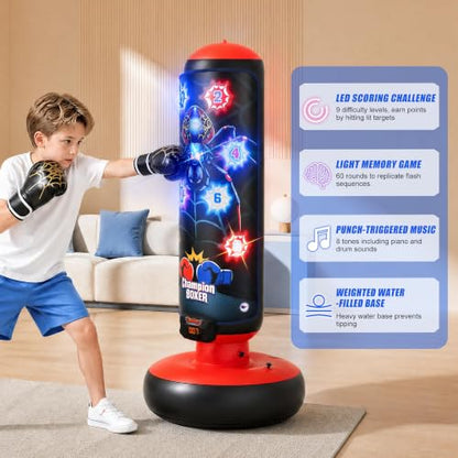 Punching Bag for Kids 51" Freestanding Boxing Bag with LED Scoring & Music | 4 Interactive Game Modes, Kids Boxing Set with Gloves&Pump, Leak-Proof Valve Design, Inflatable Boxing Bag Gift for kids 3-12