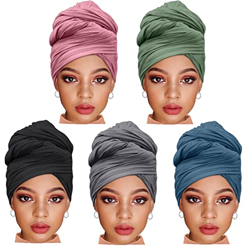 ZRQ 5 Pieces Stretch Jersey Turbans Headwrap Scarf for Black Women Fashion Headwear Boho Extra Long Scarf Soft Breathable Easy Knot Hijab Tie (Black,Pink,Olive Green,Deep Ha Tsing,Dark Grey) - color: Black,Pink,Olive Green,Deep Ha Tsing,Dark Grey