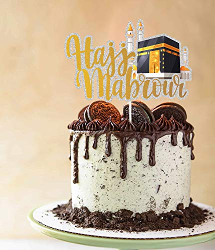 Black and Gold Glitter Hajj Mubarak Cake Topper - Eid Mubarak Festival Anniversary Party - Muslim Islam Celebration Decoration-Ramadan Party Supplies.
