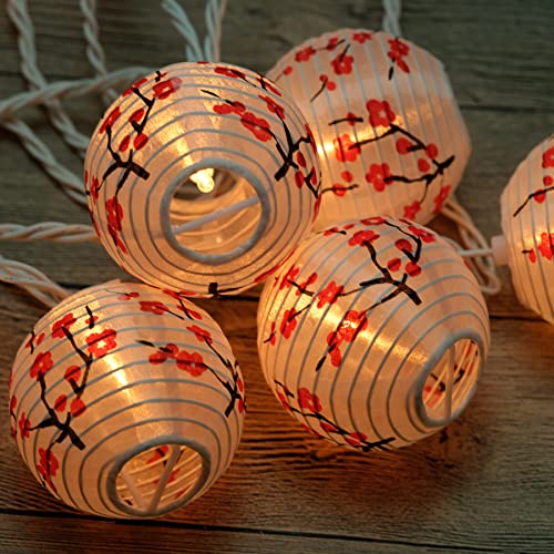 HOSY 10-Pack Plum Blossom 3-in Lanterns, 11 ft White Wire UL String Lights | Self-assembly Required, Nylon Fabric, 3-in Diameter, 12-in Spacing, End-to-end Connectable, UL Certified - color: Plum Blossom