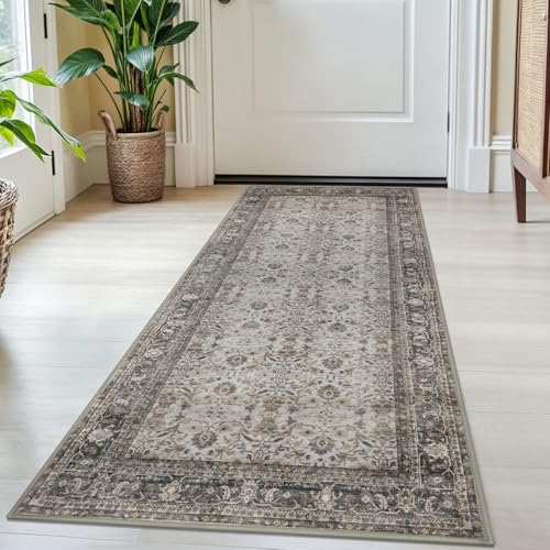 SIILOOM 2x5 Washable Rug Ivory Grey Small Area Rug for Entryway, Soft Slip-Resistant Indoor Door Mat Tribal Floral Low-Pile Kitchen Rugs, Vintage Tribal Carpet for Entrance Kitchen Bedside - color: Ivory/Grey, size: 2' x 5' (Runner)