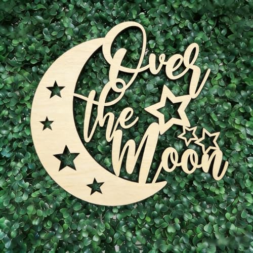 Over the Moon Wooden Sign for Backdrop - Rustic Moon Stars Wall Decor, Laser Cut Wood Photo Prop for Baby Shower, Bridal Shower, Birthday Party and Nursery Decor