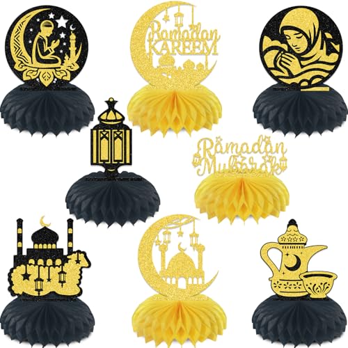 8Pcs Ramadan Mubarak Honeycomb Centerpieces, Ramadan Kareem Centerpiece Decorations, Eid Al Fitr and Festival Decor Supplies, Eid Kareem Theme Decoration for Muslim Ramadan Party Supplies Black & Gold