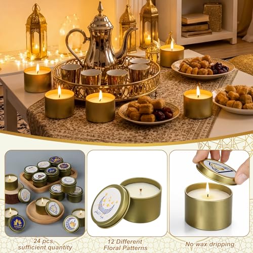 Nuanchu 24 Pack Eid Mubarak Scented Candles Gift 2 oz Blue Gold Star and Moon Design Ramadan Aromatherapy Soy Wax Jars Lasting Bulk Favors for Home Islamic Holiday Party Decor - style: Blue Gold Star and Moon Design
