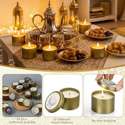 Nuanchu 24 Pack Eid Mubarak Scented Candles Gift 2 oz Blue Gold Star and Moon Design Ramadan Aromatherapy Soy Wax Jars Lasting Bulk Favors for Home Islamic Holiday Party Decor - style: Blue Gold Star and Moon Design