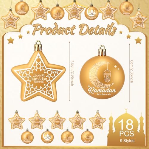18 Pcs Eid Mubarak Decorations Ramadan Hanging Decorations Gold Moon Ornaments Plastic Eid Mubarak Hanging Balls Star Ramadan Islamic Decor for Home Window Islamic Muslim Tree Party Decor