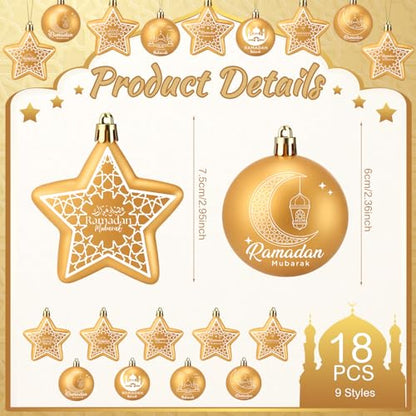 18 Pcs Eid Mubarak Decorations Ramadan Hanging Decorations Gold Moon Ornaments Plastic Eid Mubarak Hanging Balls Star Ramadan Islamic Decor for Home Window Islamic Muslim Tree Party Decor